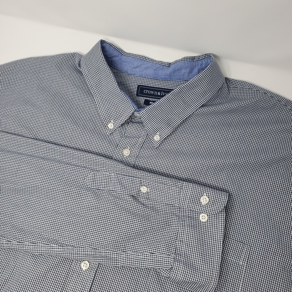 Crown & Ivy Button Down Mens 4XL Navy Blue White Long Sleeve Gingham Shirt